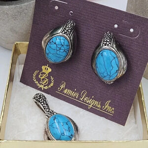 Premier Designs Vintage Silvertone Turquoise Clip Post Earrings Pendant
